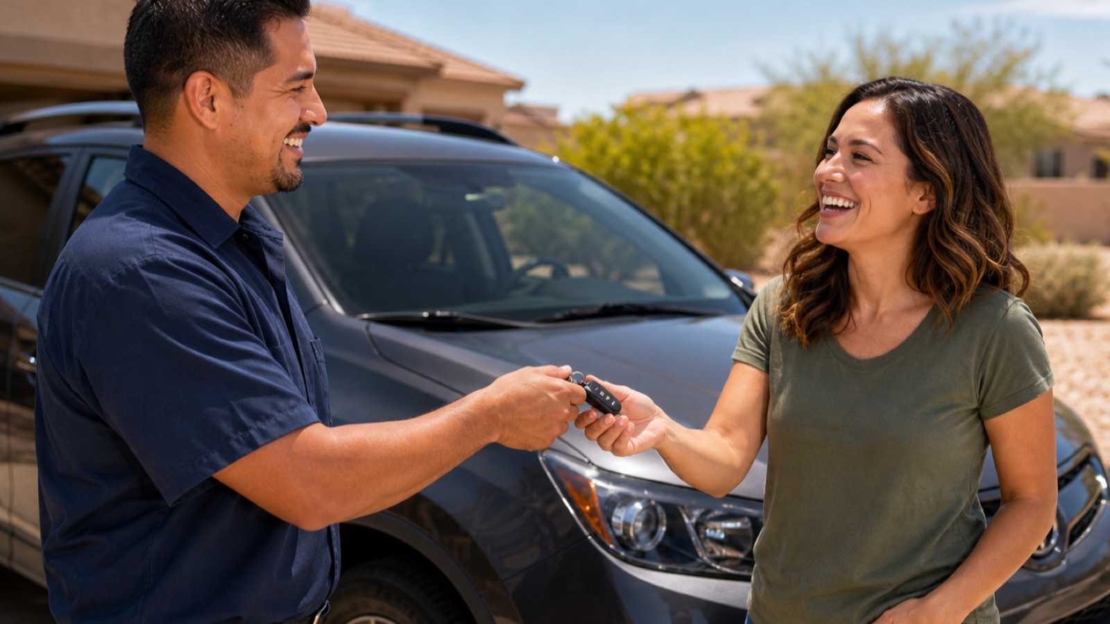 Mechanic handing keys to a smiling customer beside her SUV